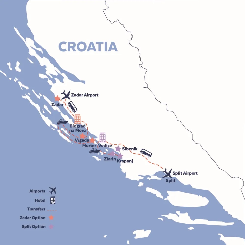 Tour map for Croatia's Dalmatian Coast