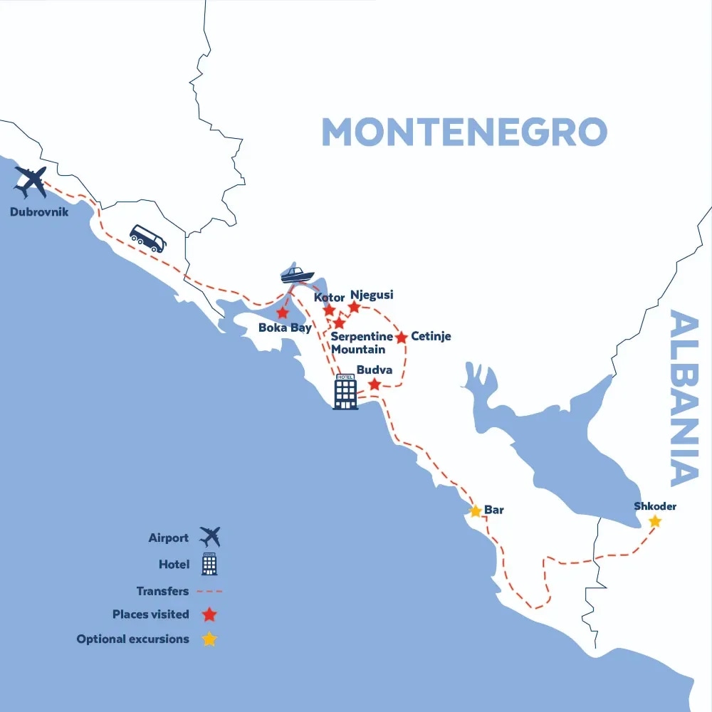 Tour map for Highlights of the Montenegro Riviera