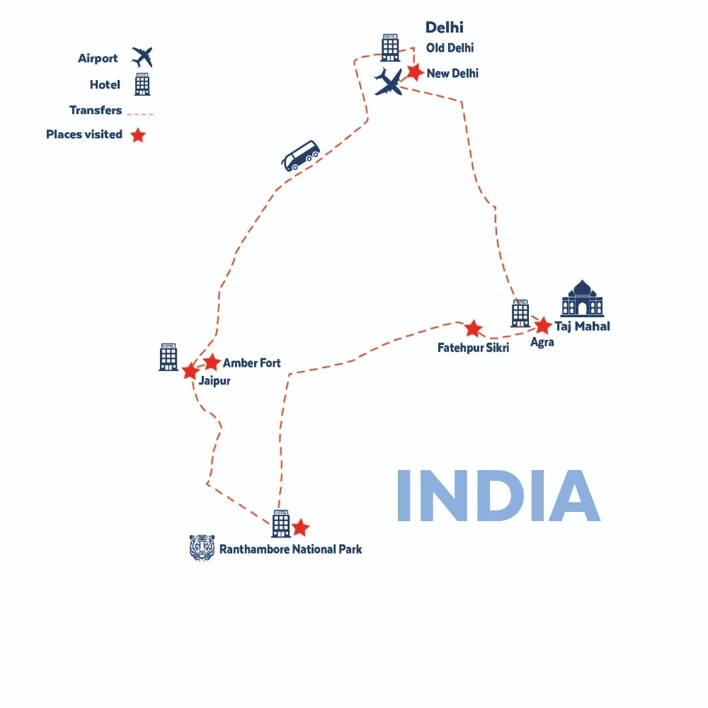 Tour map for India’s Golden Triangle - Taj Mahal & Ranthambore Safari