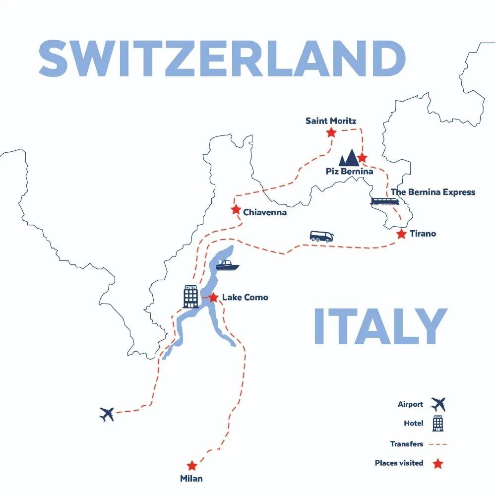 Tour map for Lake Como, Milan & St Moritz incl. The Bernina Express - Solo Traveller