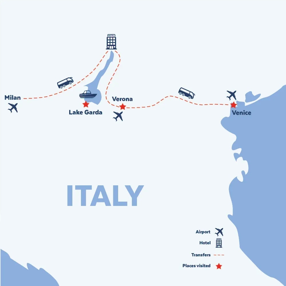 Tour map for Lake Garda, Venice & Verona