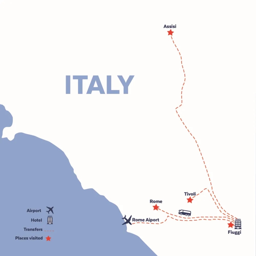 Tour map for Rome & Assisi including Tivoli