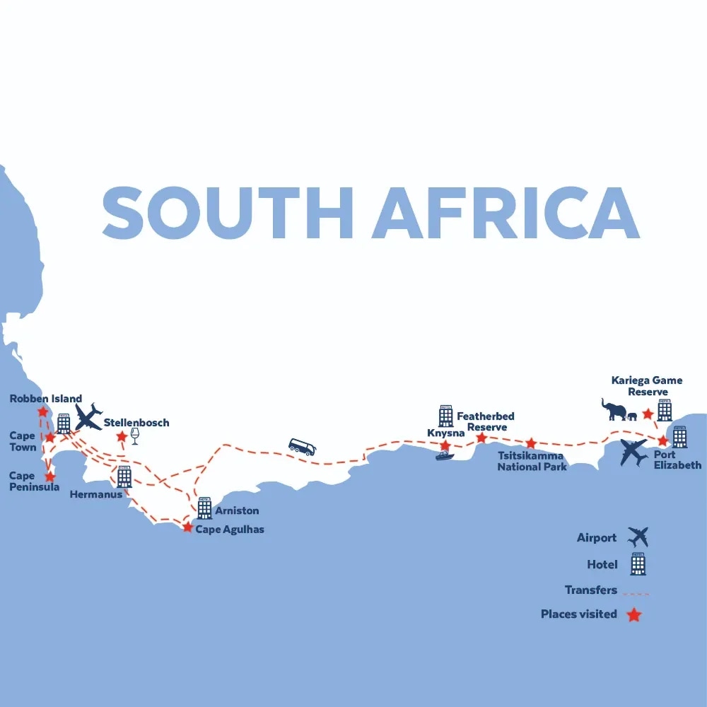 Tour map for Cape Town, the Garden Route & Safari