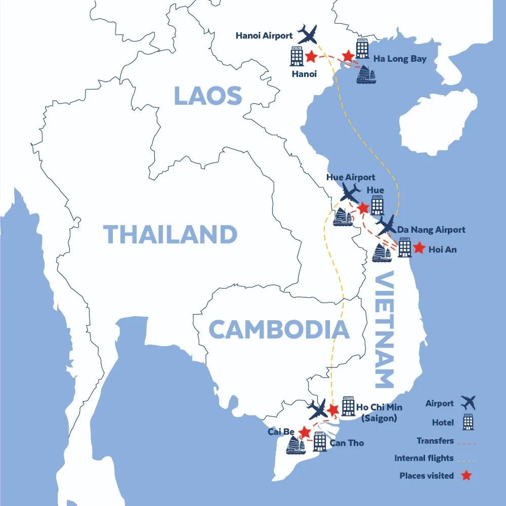Tour map for Highlights of Vietnam Solo Traveller