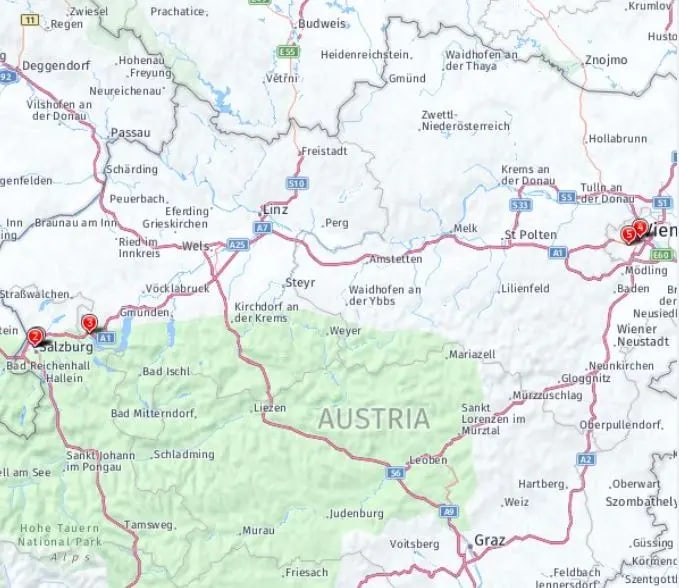 Tour map for Salzburg & Vienna