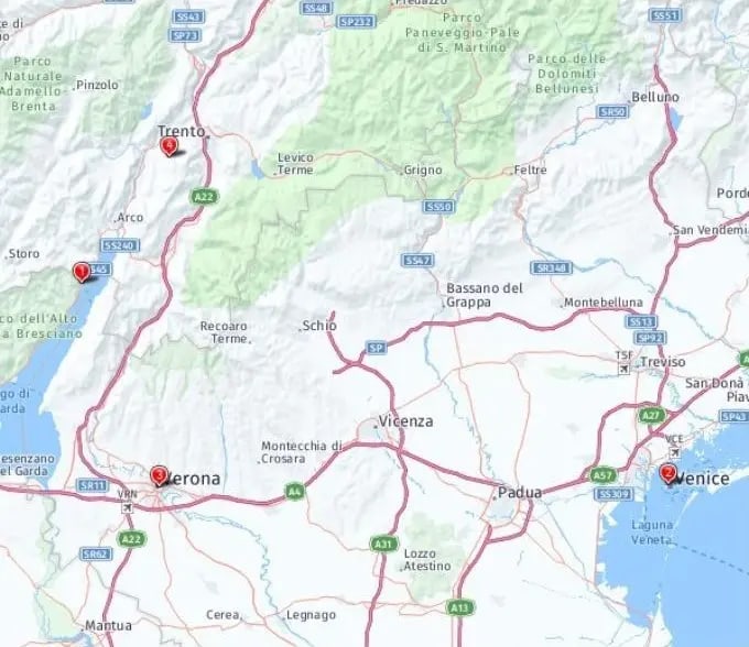 Tour map for Treasures of Lake Garda, Venice & Verona - Unique Small Group