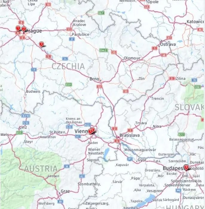 Tour map for Budapest, Vienna & Prague