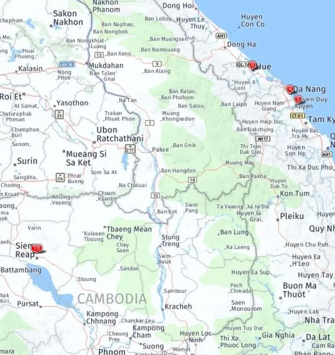 Tour map for Highlights of Vietnam including Cambodia Extension