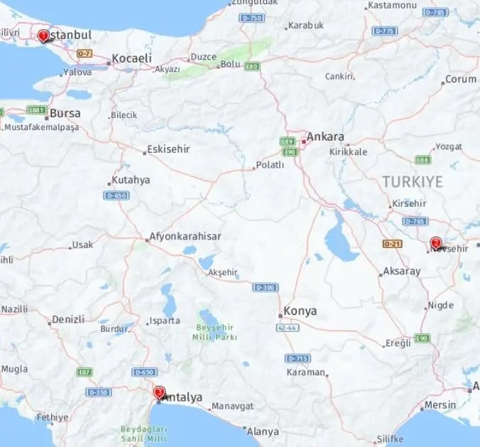 Tour map for Highlights of Turkey incl. Istanbul, Cappadocia and Antalya