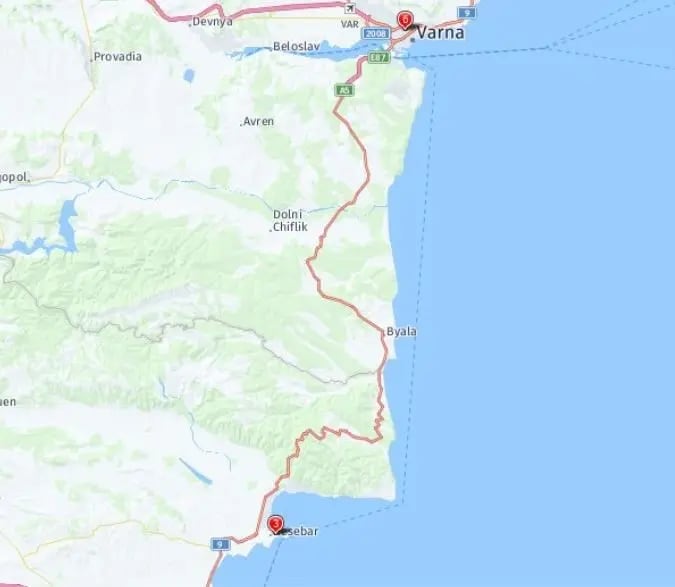 Tour map for Highlights of the Bulgarian Riviera including Burgas