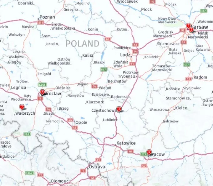 Tour map for Treasures of Poland, including Krakow, Warsaw and Wroclaw