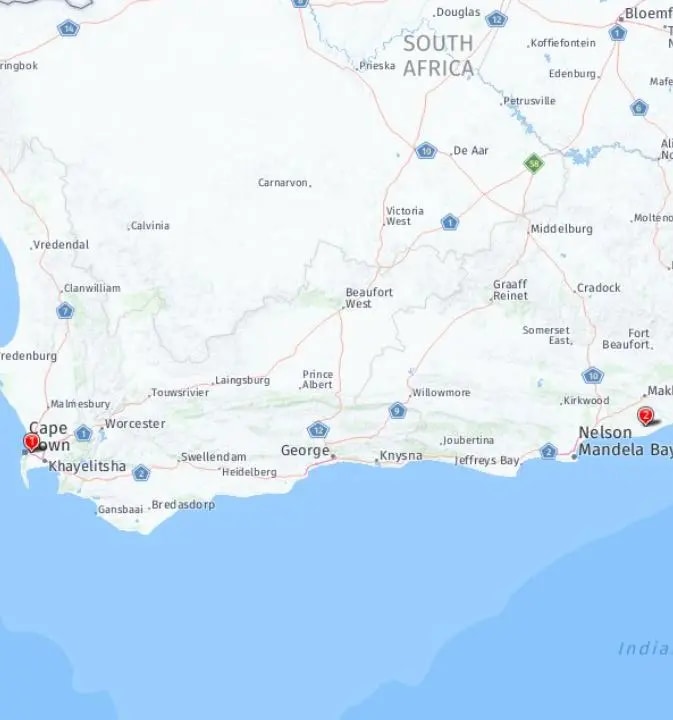 Tour map for Cape Town, the Garden Route & Safari including Istanbul extension