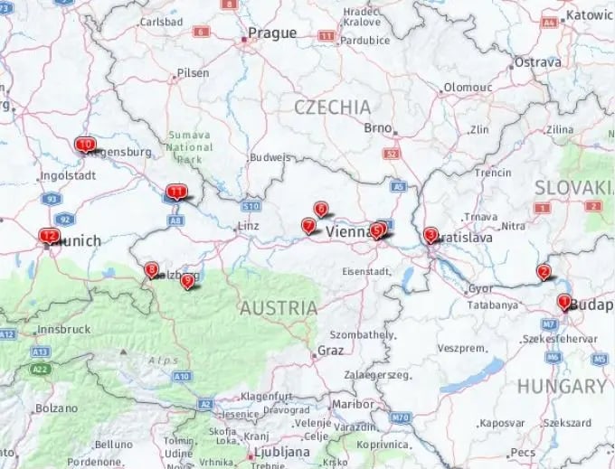 Tour map for Classical Danube River Cruise 4 Star (Budapest - Passau)