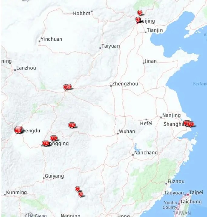 Tour map for Highlights of China including the Yangtze Cruise