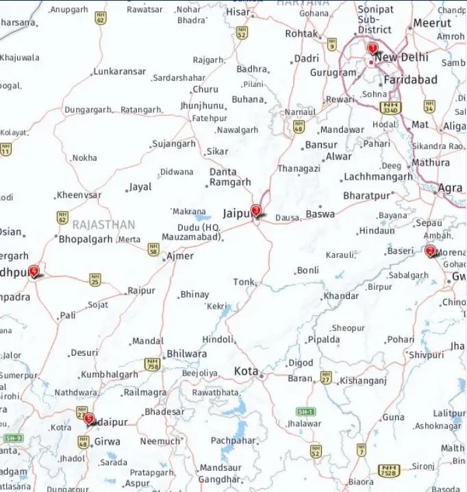 Tour map for Jewels of India - Taj Mahal, & Rajasthan – Unique Small Group