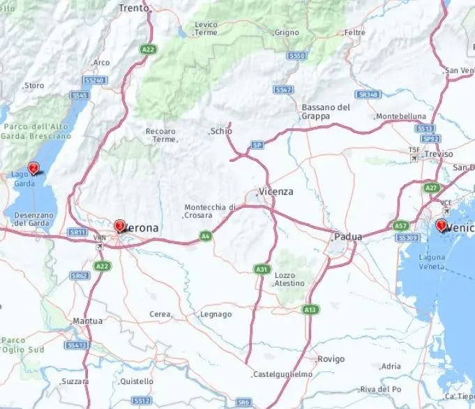 Tour map for Lake Garda, Venice & The Verona Opera