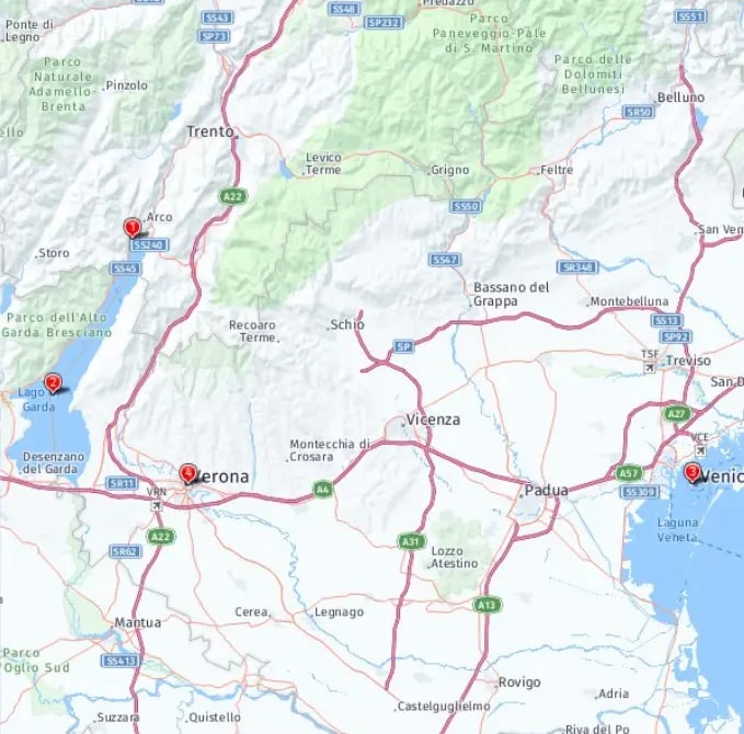 Tour map for Lake Garda, Venice & Verona Short Break