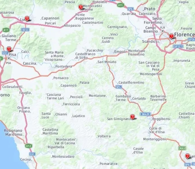 Tour map for New Year in Tuscany