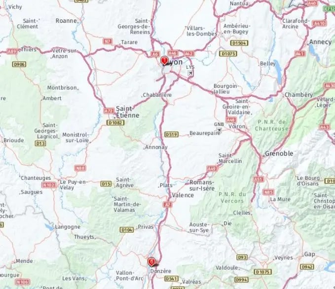Tour map for Rhone River Cruise including Lyon