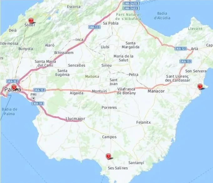 Tour map for Treasures of Mallorca - Unique Small Group