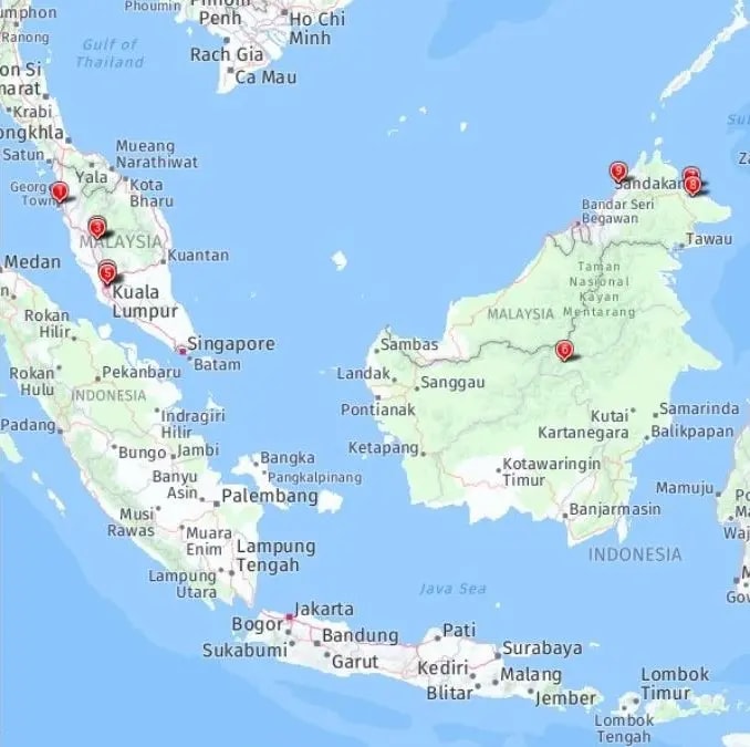 Tour map for Explore Borneo & Malaysia