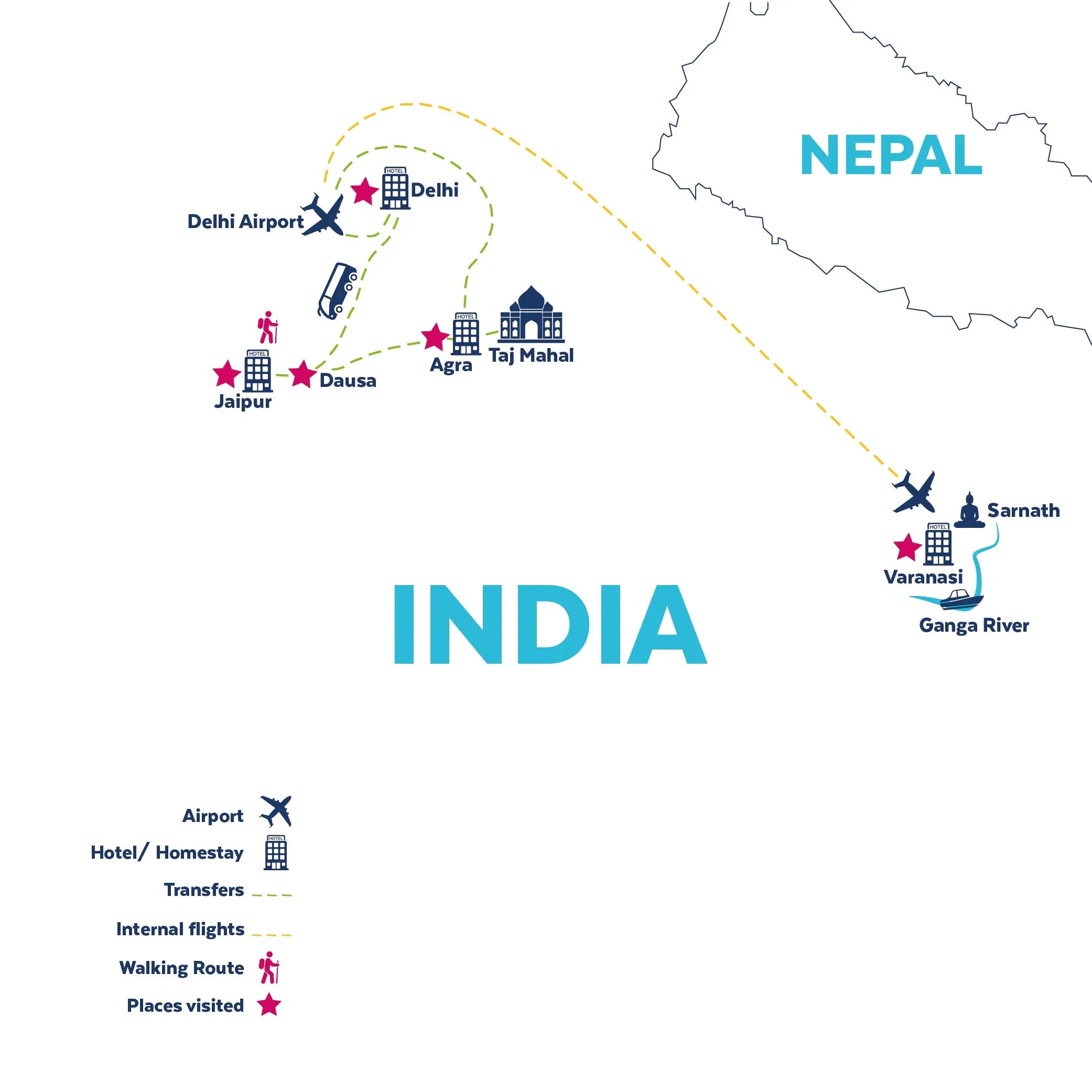 Tour map for Explore India - Delhi, Taj Mahal, Jaipur & Cruise The Ganges