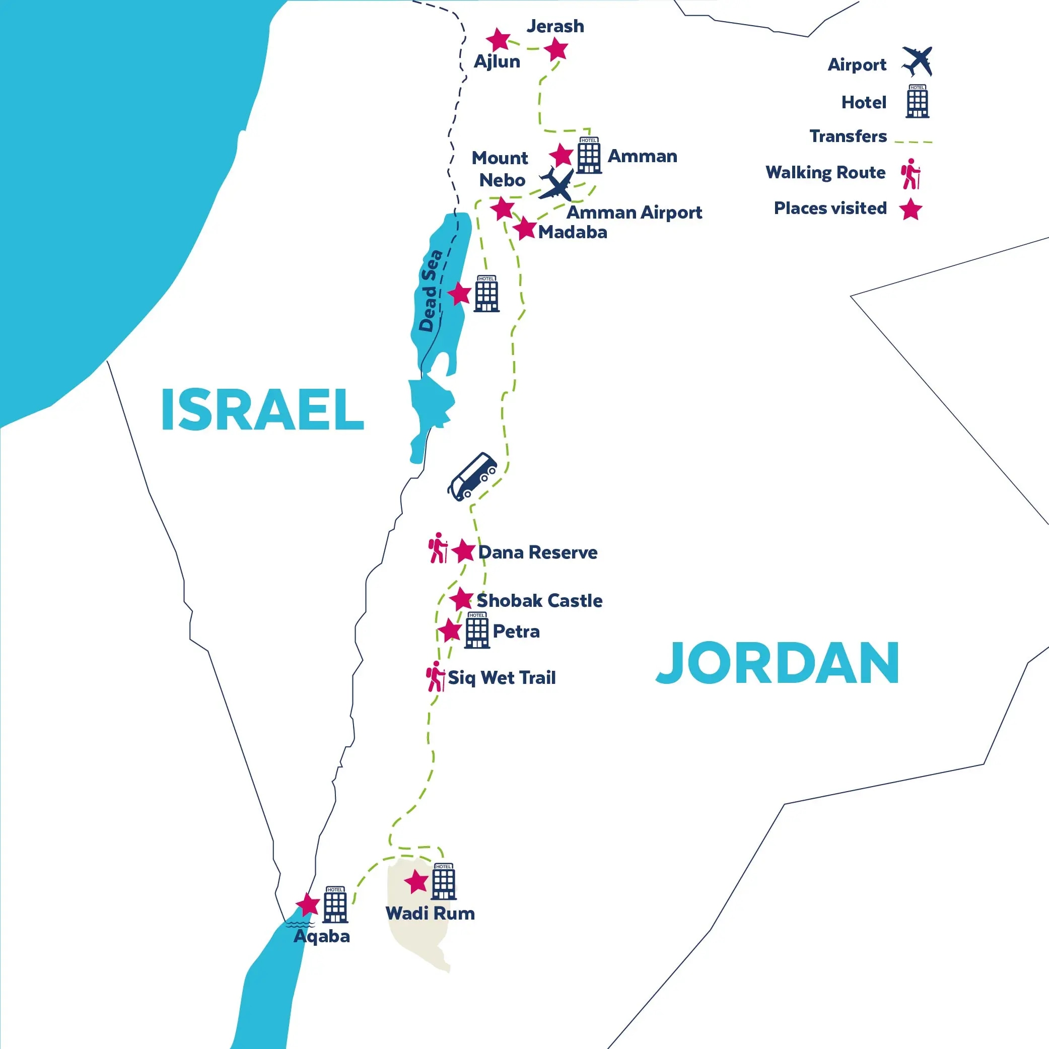Tour map for Explore Jordan - Petra, Wadi Rum Camp & Red Sea Snorkelling