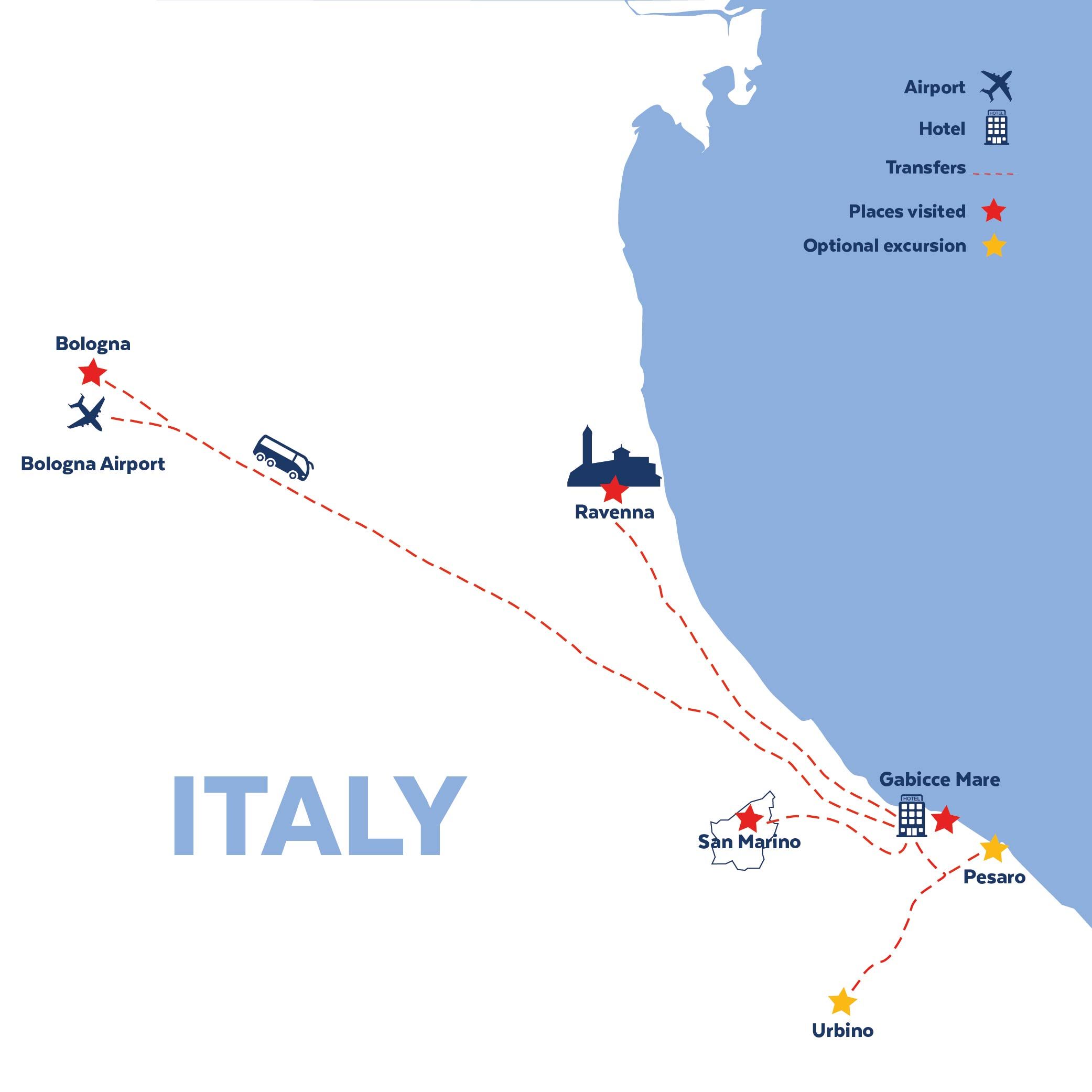 Tour map for Italy's Adriatic Riviera including Bologna & San Marino