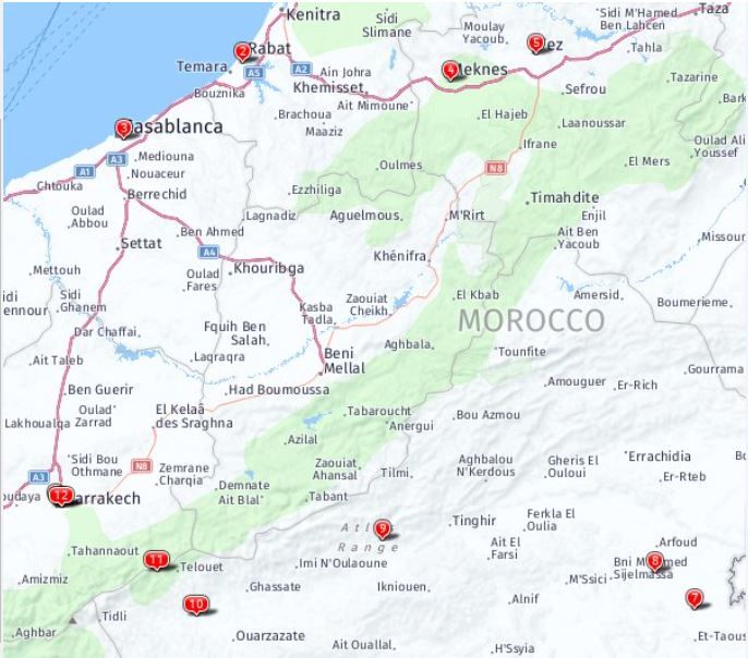 Tour map for Explore Morocco - Marrakech, Sahara Desert & Atlas Mountains