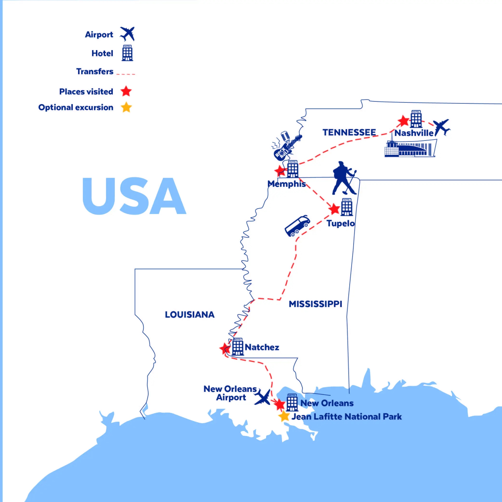 Tour map for Music Capitals of the South