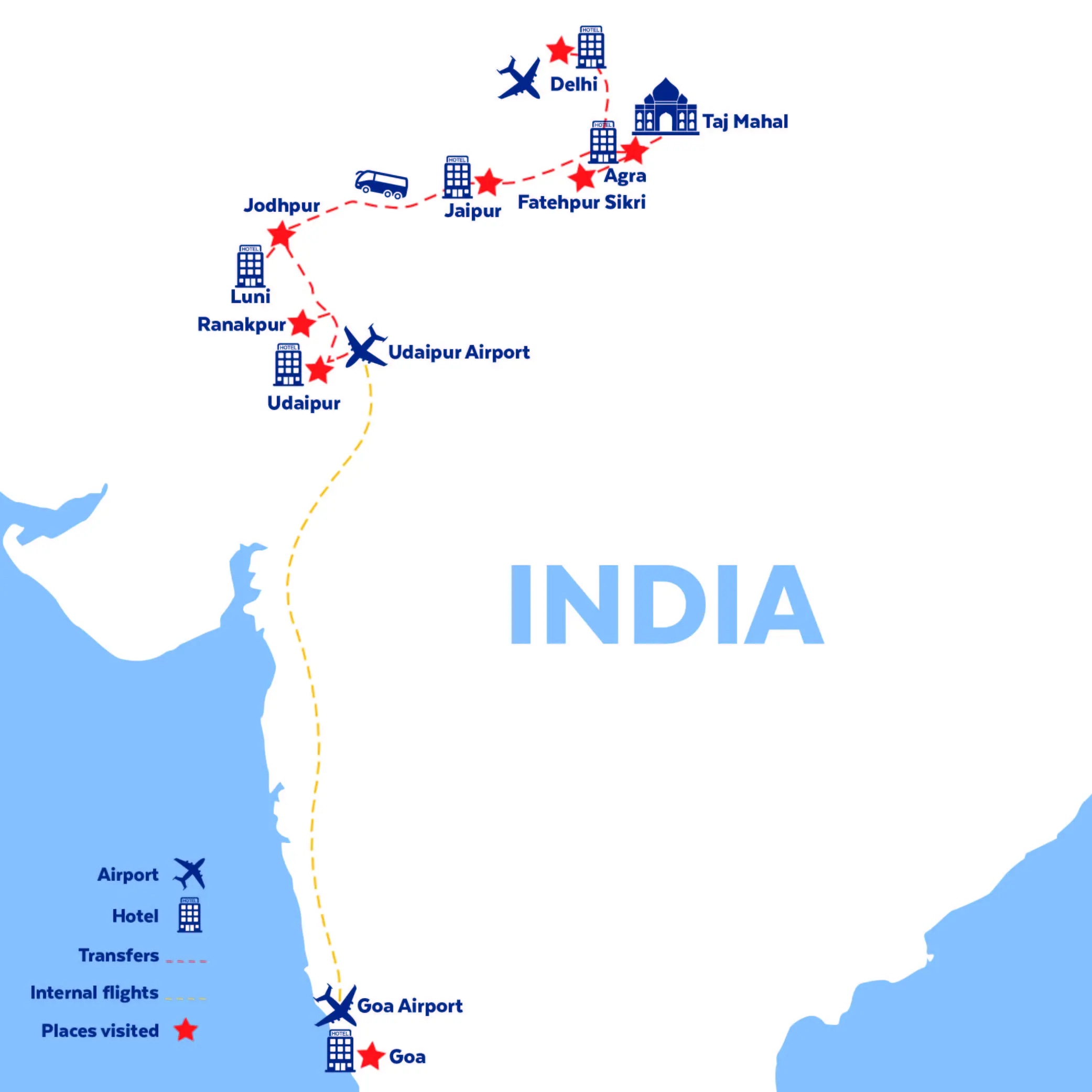 Tour map for India - Splendours of Delhi, the Taj Mahal & Rajasthan incl. Goa extension