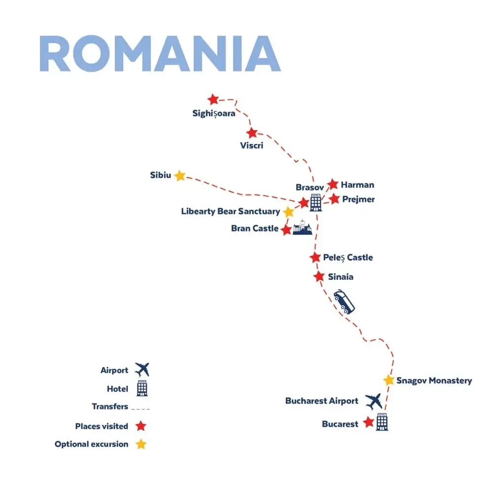 Tour map for Highlights of Romania incl Transylvania & Dracula’s Castle