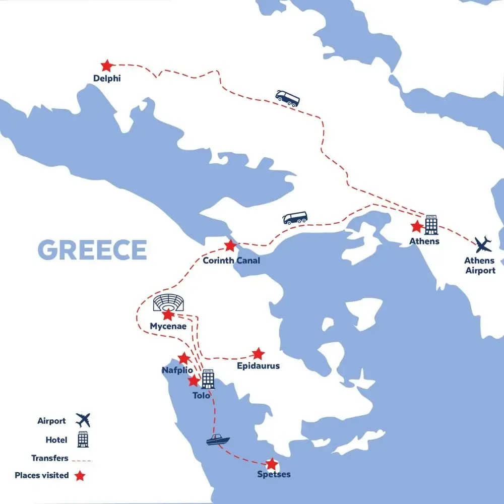 Tour map for Discover Ancient Greece, including Athens, Delphi, and beachside Tolo