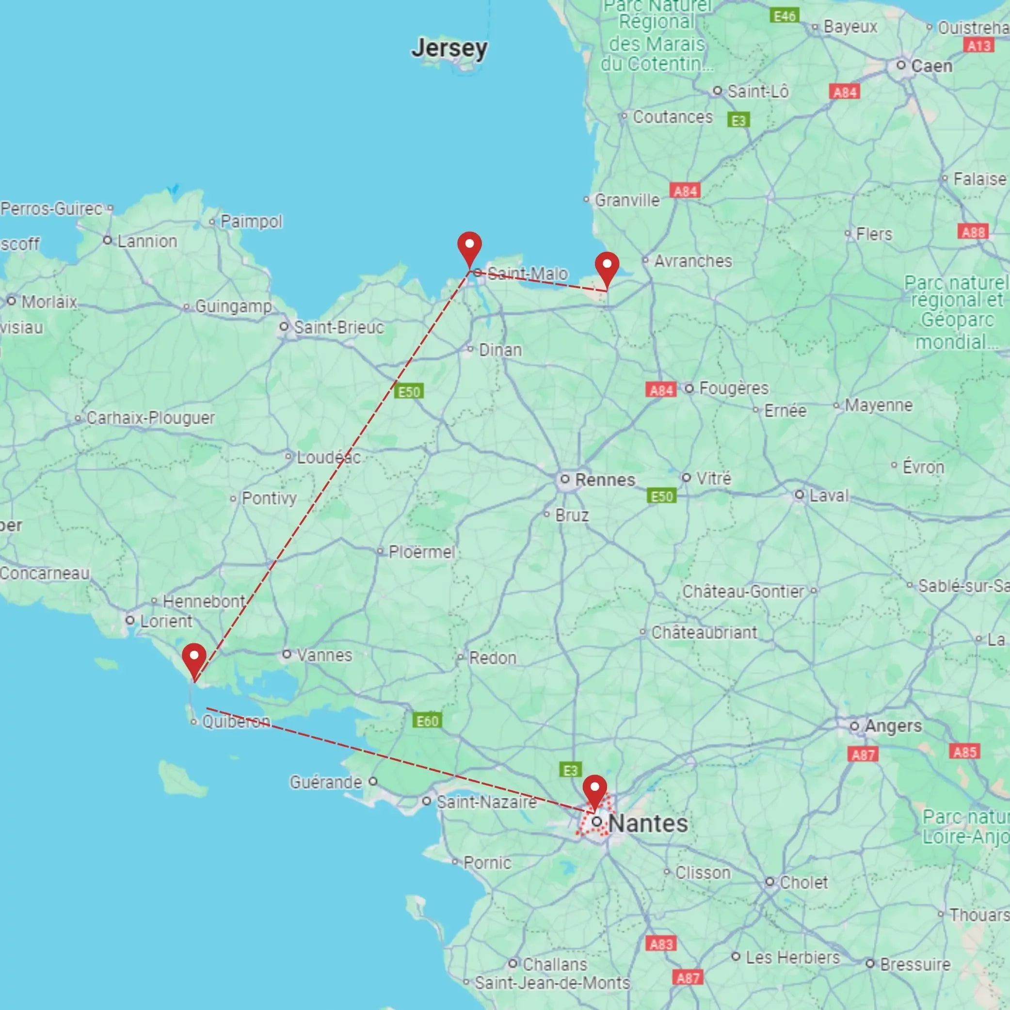 Tour map for Highlights of Brittany, including Mont Saint Michel