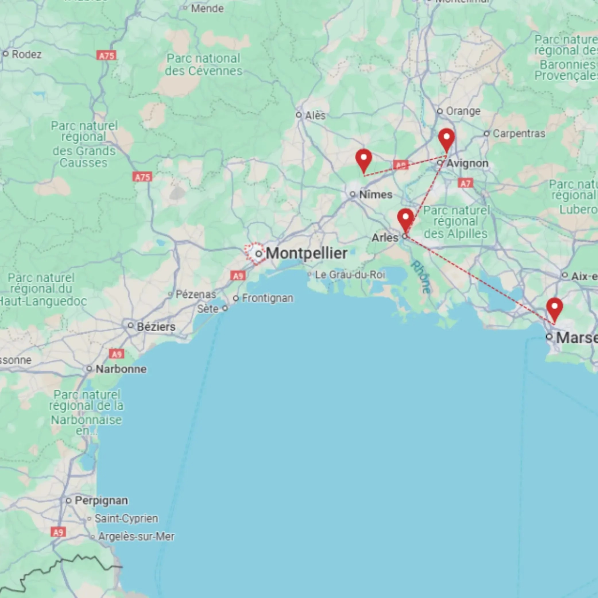 Tour map for Discover Provence including Avignon & Arles