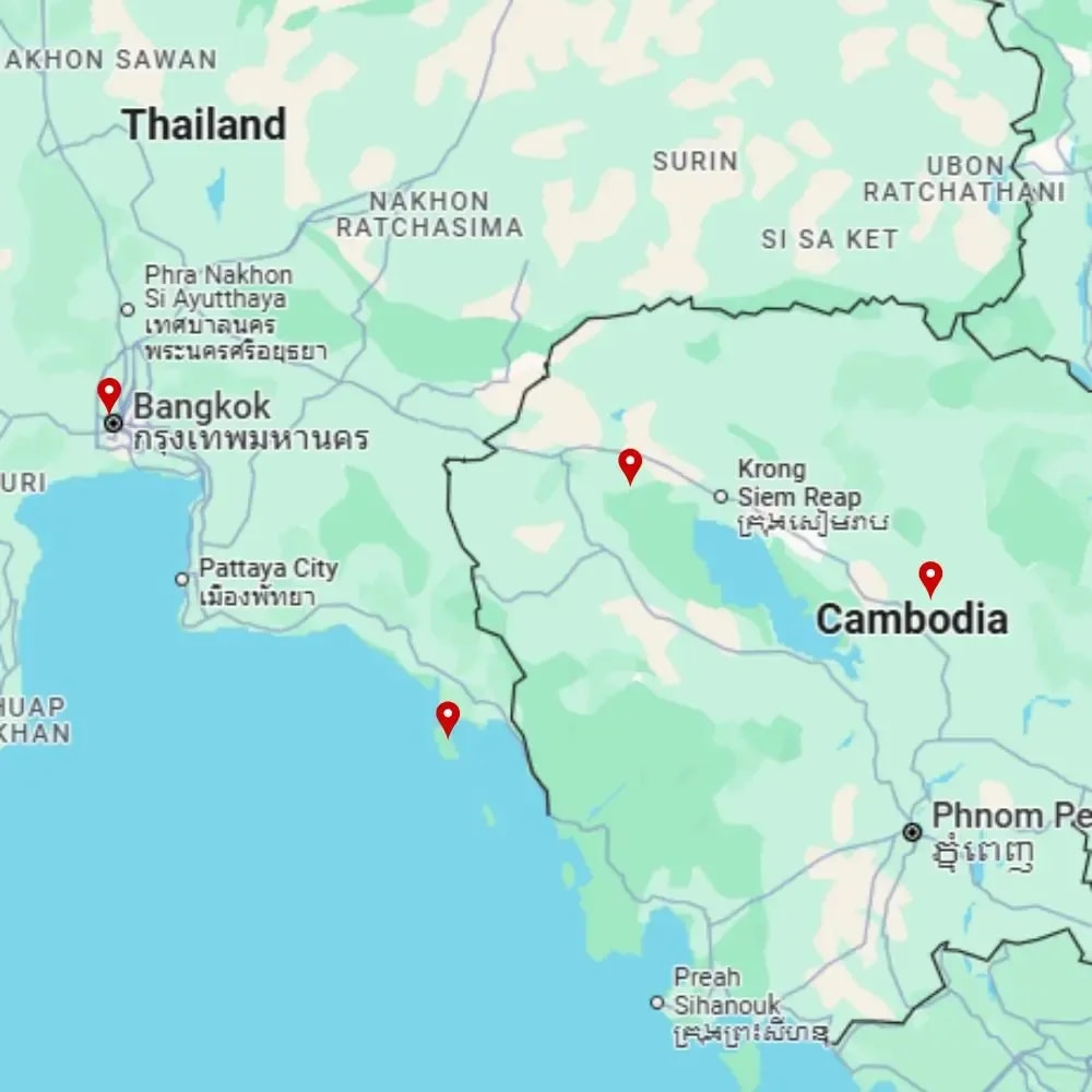 Tour map for Highlights of Bangkok & Cambodia incl. Angkor Wat & Beach Extension