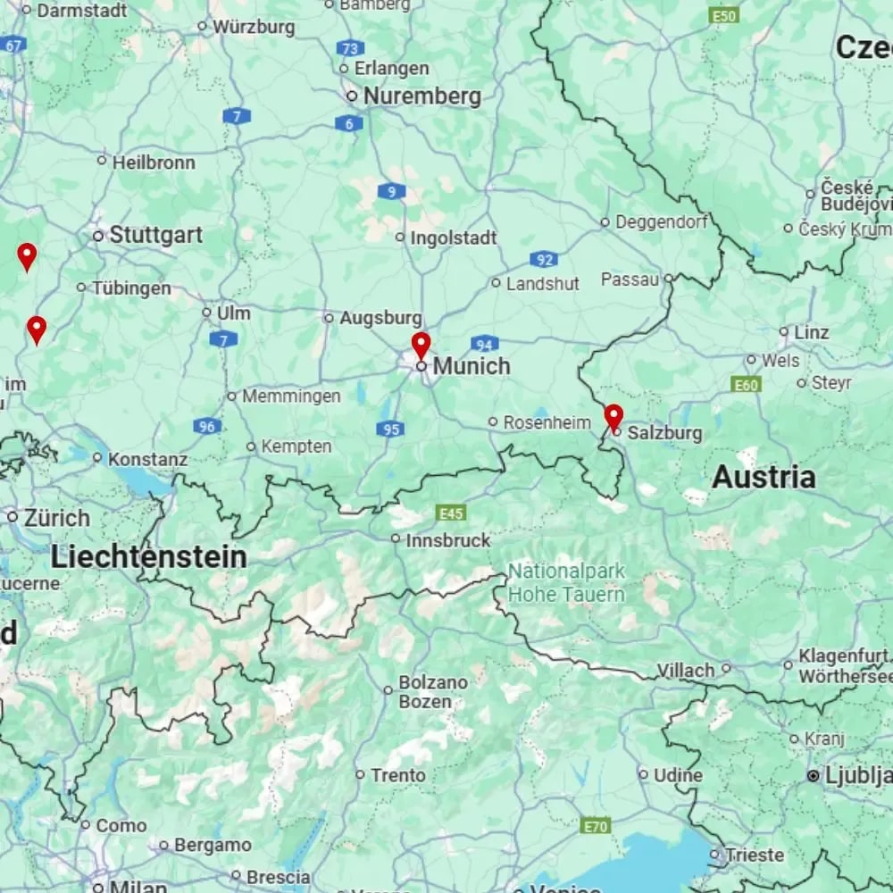 Tour map for Munich & the Black Forest, including Salzburg and Strasbourg