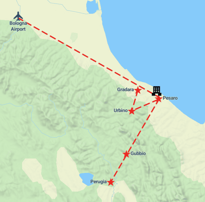 Tour map for Highlights of Central Italy – Le Marche & Umbria
