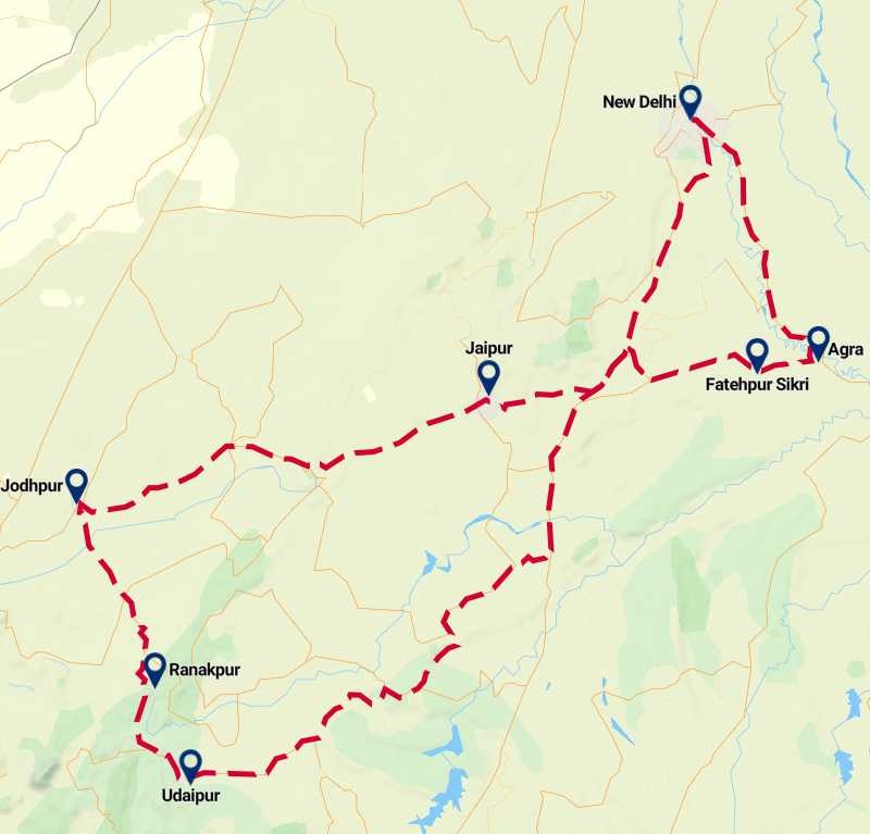 Tour map for Jewels of India – Delhi, Rajasthan & Taj Mahal Solo Traveller