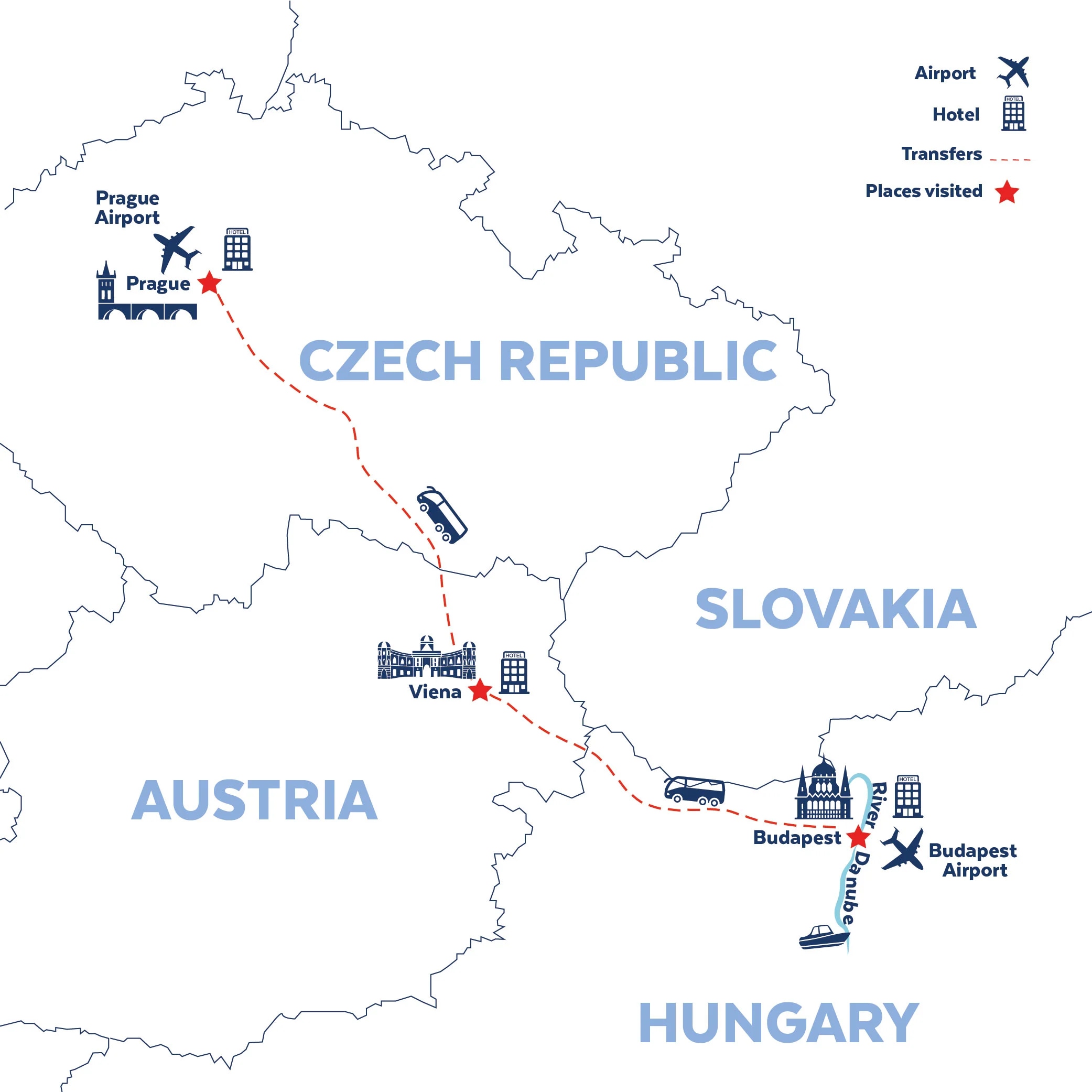 Tour map for Budapest, Vienna & Prague