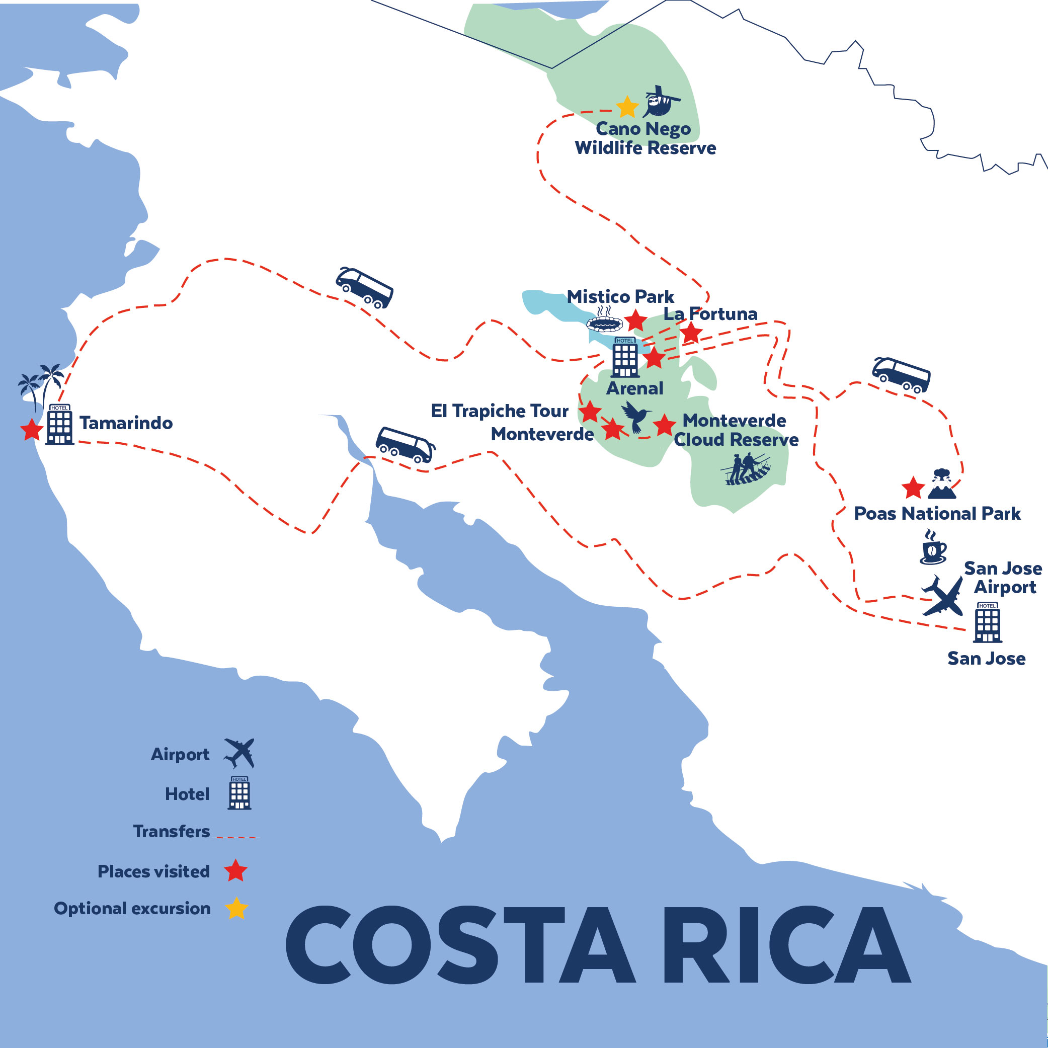 Tour map for Highlights of Costa Rica - Unique Small Group