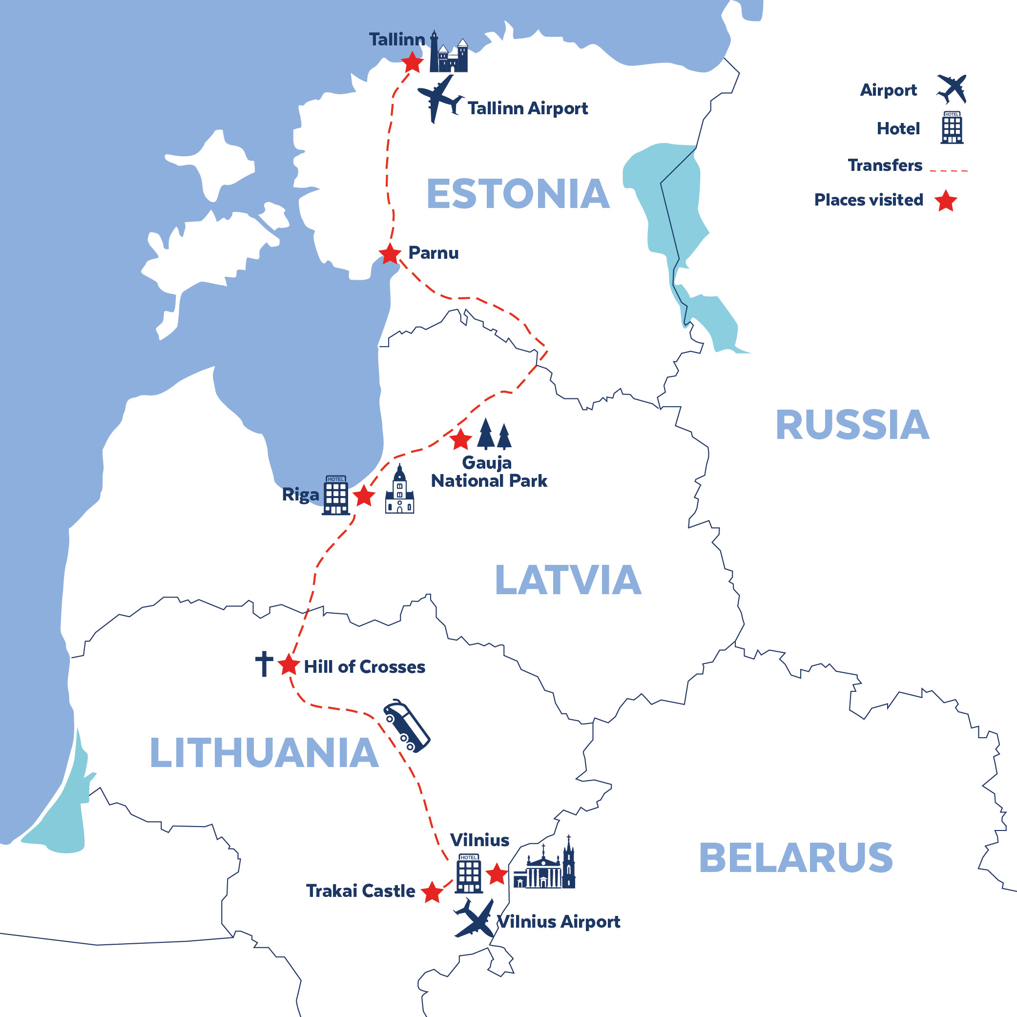 Tour map for Baltic Highlights including Vilnius, Riga & Tallinn