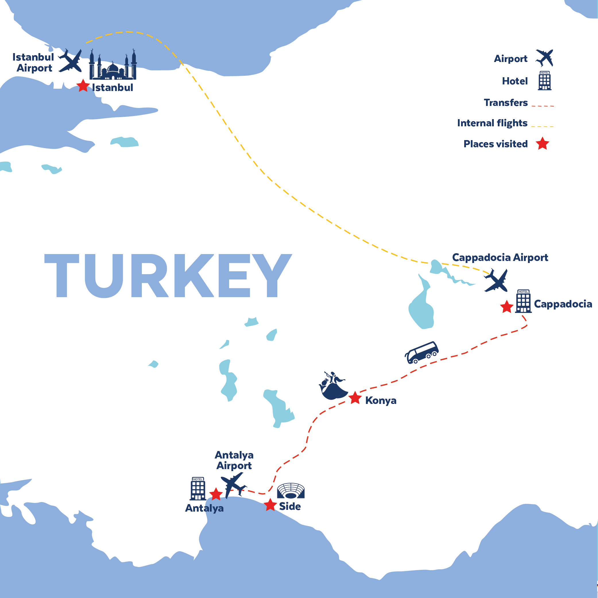 Tour map for Highlights of Turkey incl. Istanbul, Cappadocia and Antalya