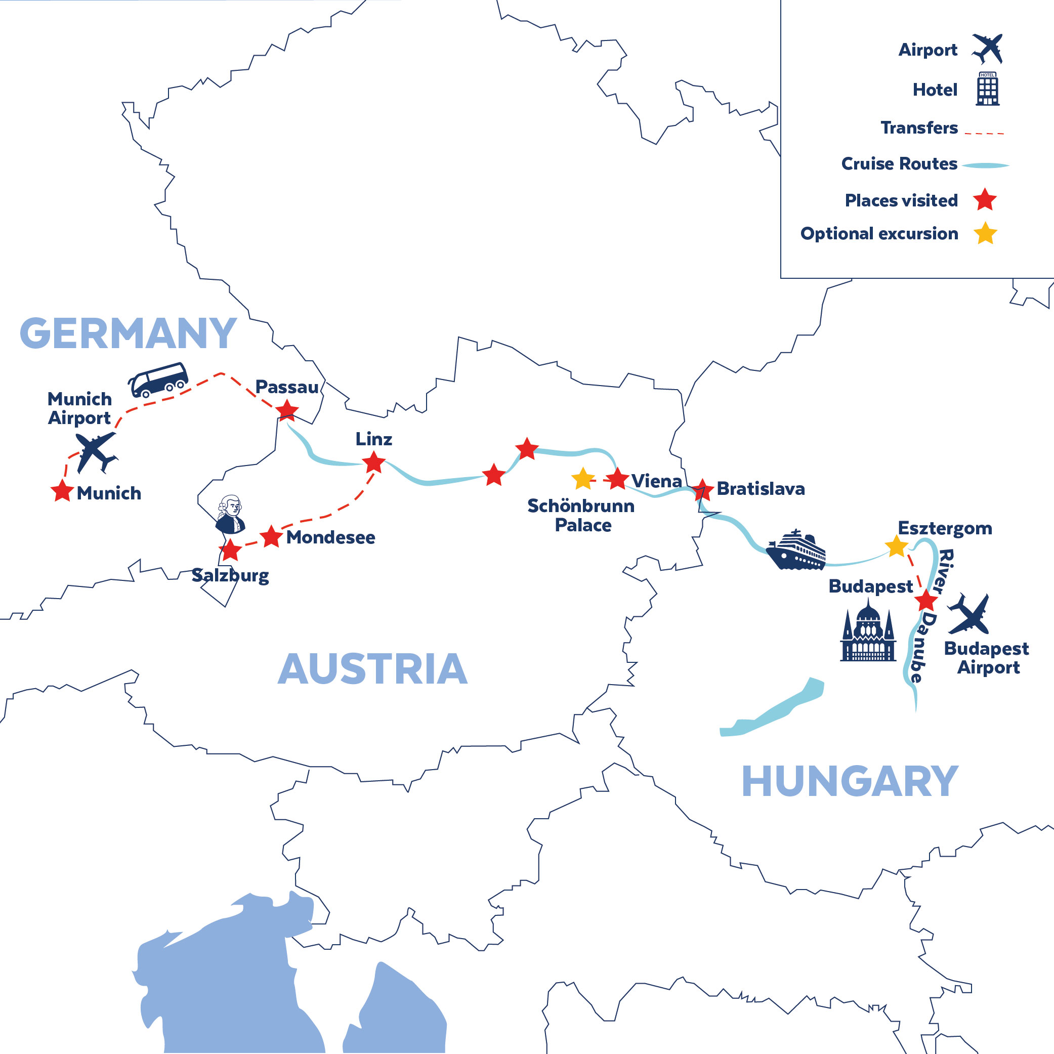 Tour map for Classical Danube River Cruise 4 Star (Budapest - Passau)