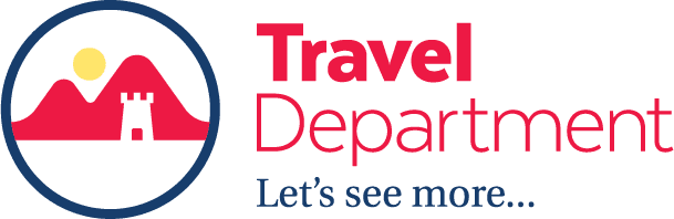 Logo with mountains, sun, and text 'Travel Department, Let's see more...'.
