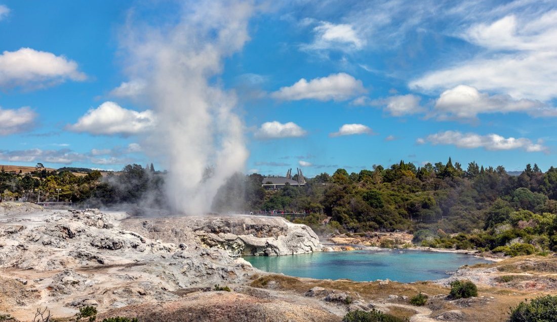 Visit Rotorua’s geothermal wonders, featuring erupting geysers and thermal pools.